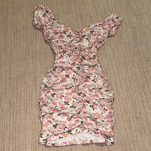Women’s Guess Rutched Off the Shoulder Floral Mini Dress